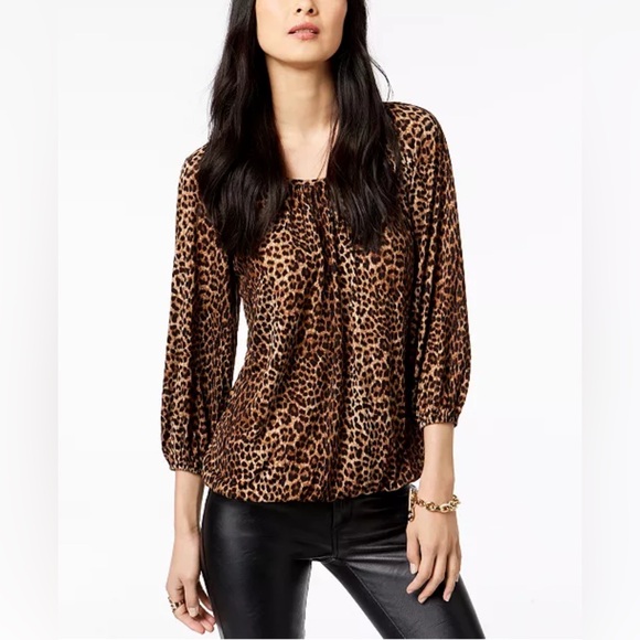 Michael Kors Leopard-Print Peasant Top Women’s Size Medium - Picture 1 of 9